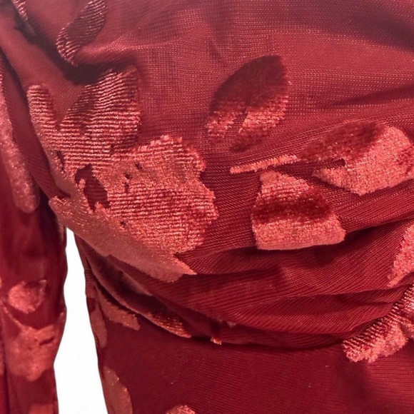 NYC Red Floral Velvet Burnout Long Sleeve Crop Top - Picture 4 of 5